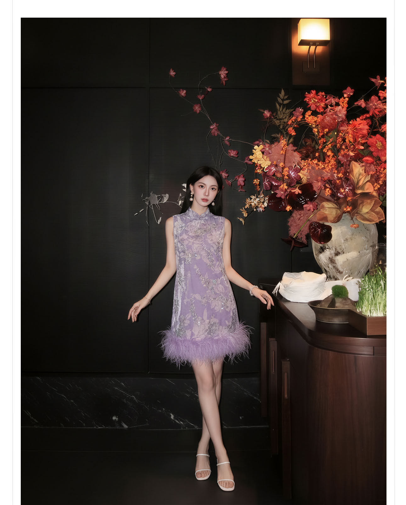 Đầm maxi nữ thắt eo phong cách cổ điển sang trọng kết hợp lông đà điểu và đính sequin thêu — màu tím chi tiết 11