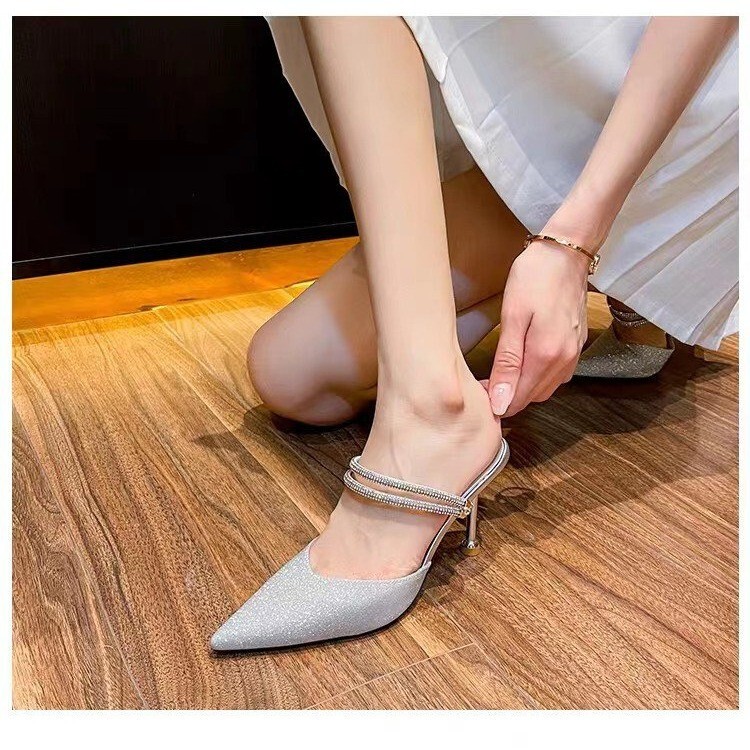 High Heels Women's 2025 Summer New Style Rhinestone Stiletto Heels Shallow Mouth Half Slippers Two-Wear Slippers Outer Wear High Heel Sandals for Women