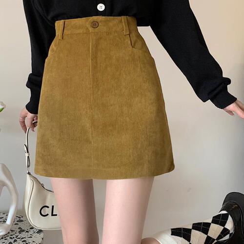Women's Autumn/Winter Slimming High-Waisted A-Line Short Skirt 2024 New Coffee Corduroy Bodycon Skirt 145 for Petite Women