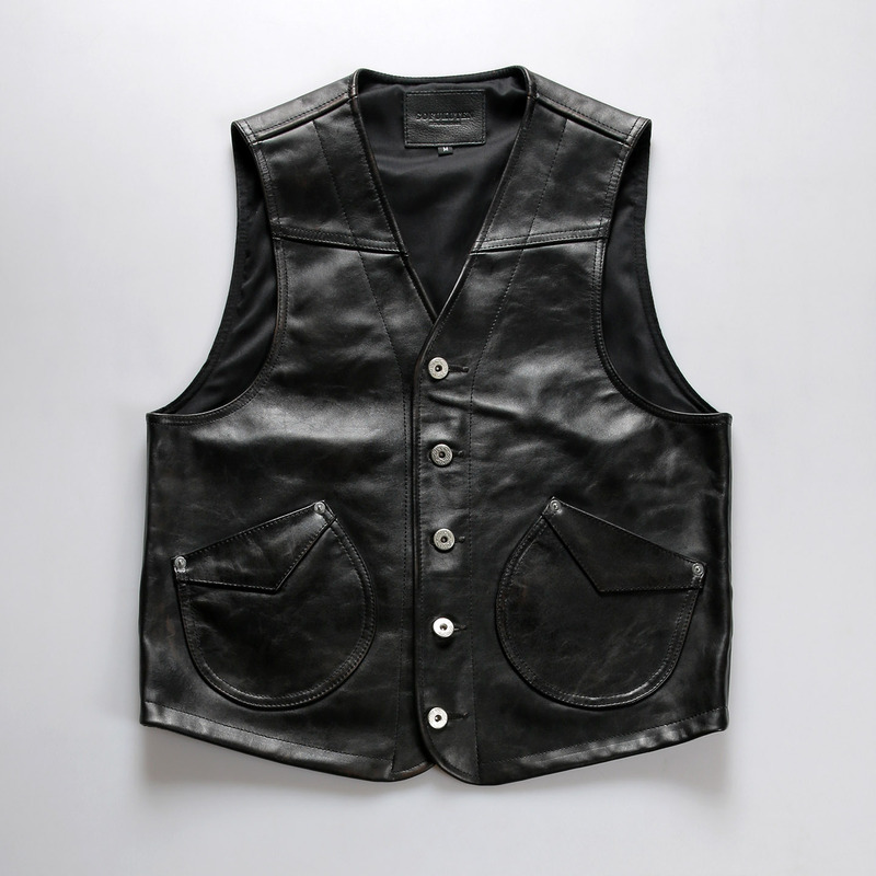 Club custom motorcycle leather vest for men and women, V-neck, American-style, moon pocket, tea-core horsehide vest