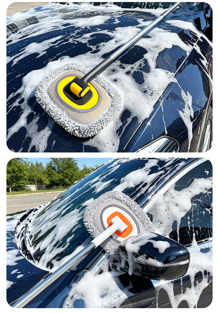 Car Wash Mop with Curved Handle, Soft Bristles, Long Telescopic Handle, Does Not Damage Car Paint, Specialized Car Brush for Dust Removal and Cleaning