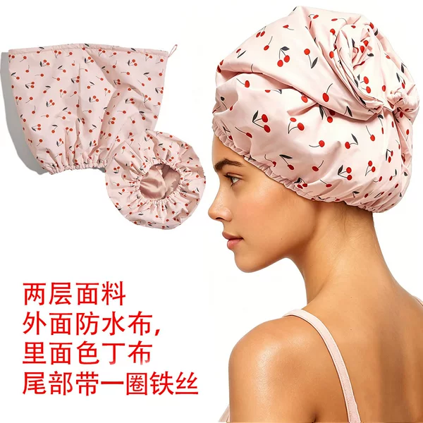 New Two-Layer Waterproof Shower Cap, Cross-Border Hot-Selling Imitation Silk Lined Plaid Shower Cap, High-End Adult Hair Accessory Cap