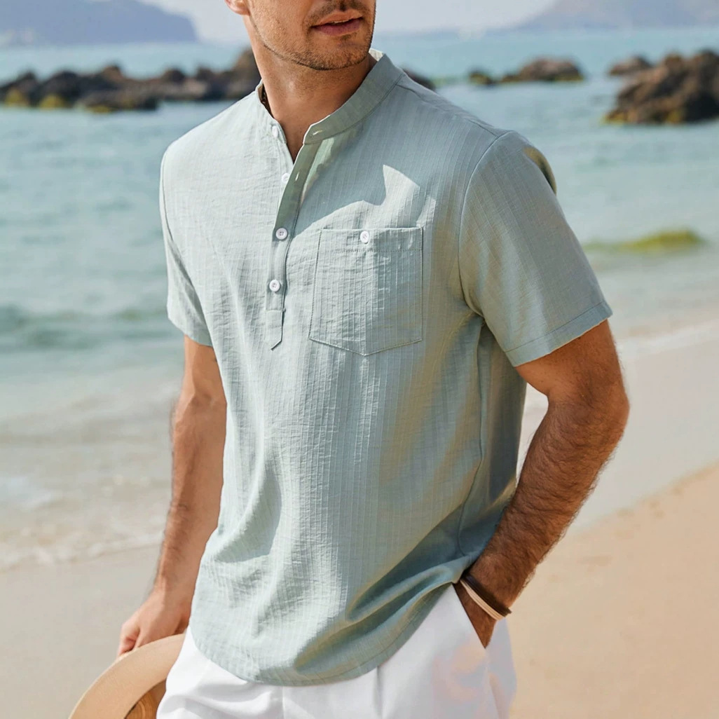 Men's Clothing Men's Short Sleeved Collared Casual Breathable Shirt Cotton Linen Beach Vacation Style Summer Top Polyester_viptrois.com