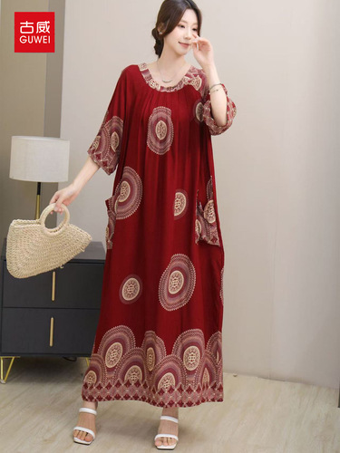 Southeast Asia new women's dress, large size, artistic round collar, rayon loose color, covering the flesh and showing slimming dress