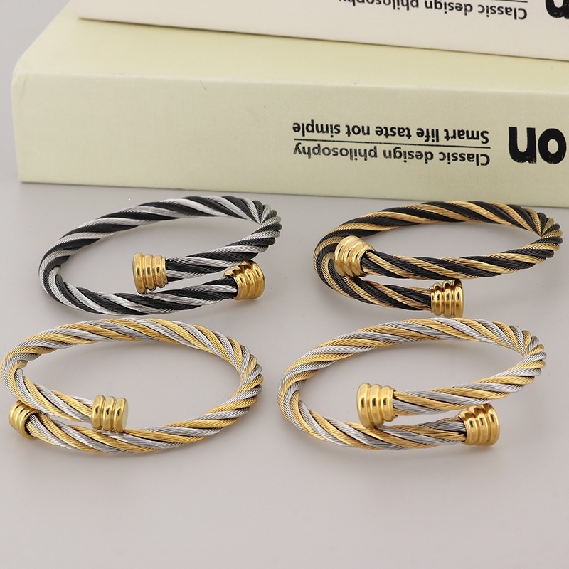 Fashion Trendy Color-Blocked Steel Wire Rope Bracelet for Men and Women, Daily Commute Accessory, Stainless Steel 304 Open Bracelet Wholesale