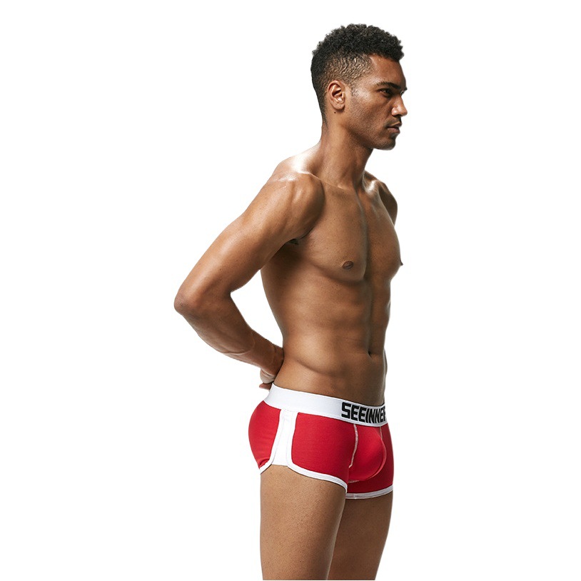 Ropa interior masculina para exportación en AliExpress y Amazon, calzoncillos bóxer de algodón con relleno en la cadera, color liso, nuevo diseño transpirable que realza la cadera.