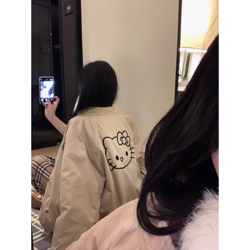 Cartoon Age-Reducing Faux Lamb Wool Fleece Kitty Cat Windbreaker Jacket Loose Casual Warm Thickened Jacket