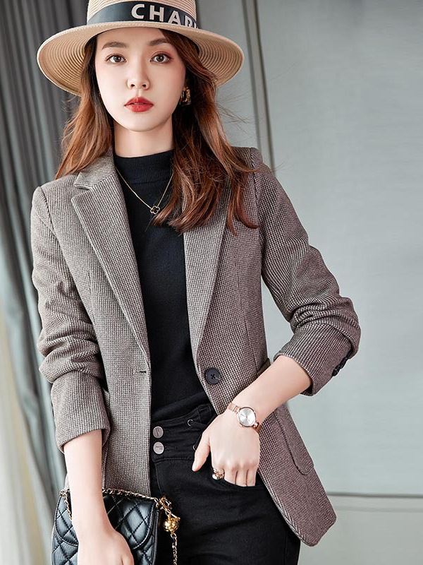 (2개) HOUNDSTOOTH 작은 세트 재킷 여성의 2024 가을 및 겨울 새로운 슬림 핏 슬리밍 우아한 캐주얼 올 매치 작은 세트 탑