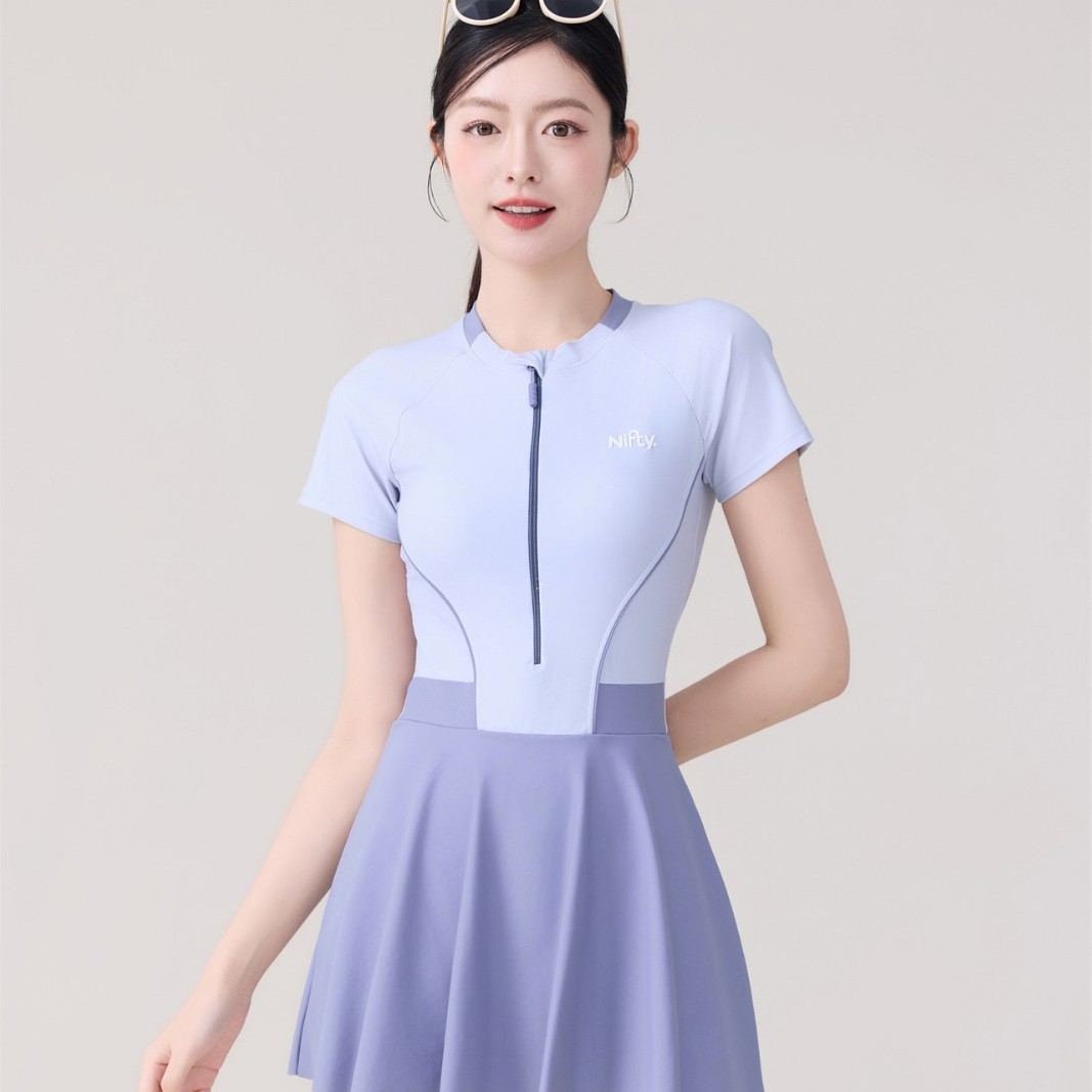 颖熙梦95013新款泳衣女连体短袖遮肚平角裙式运动训练学生游泳衣