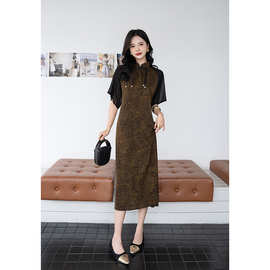 中式复古新款旗袍提花夏季国风宽松显瘦气质时尚黑色连衣裙