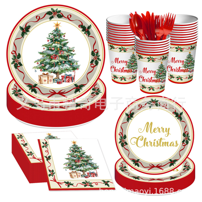 New Cross-Border Christmas Theme Party Decoration Retro Christmas Tree Paper Plate Paper Cup Paper Towel Disposable Tableware