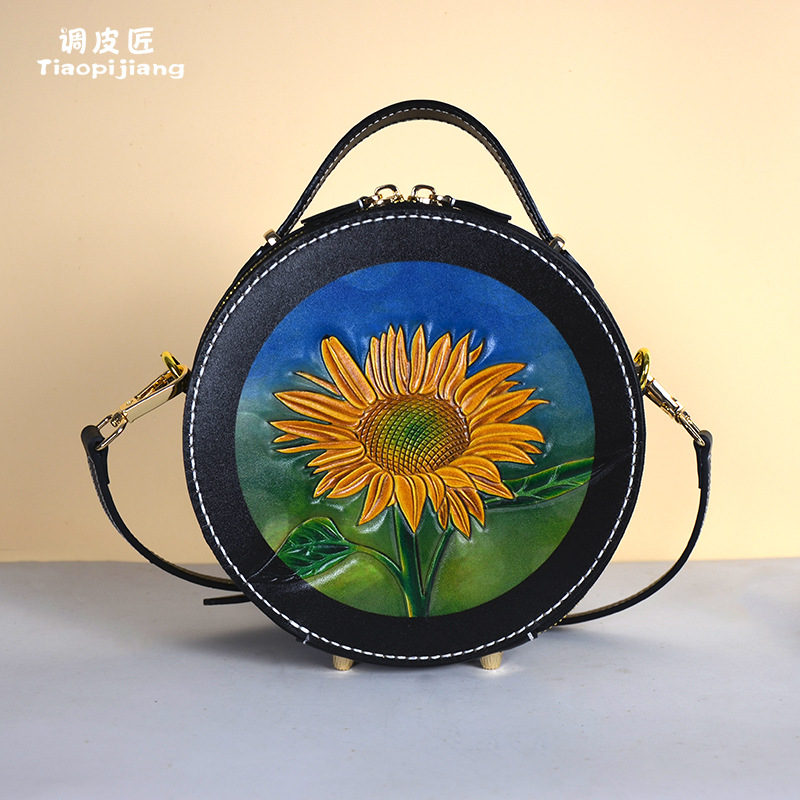 Tiaopijiang Women's Crossbody Bag - Summer Versatile Small Round Handbag, Designer Niche Genuine Leather Hand-Carved Bag - Thumbnail 7