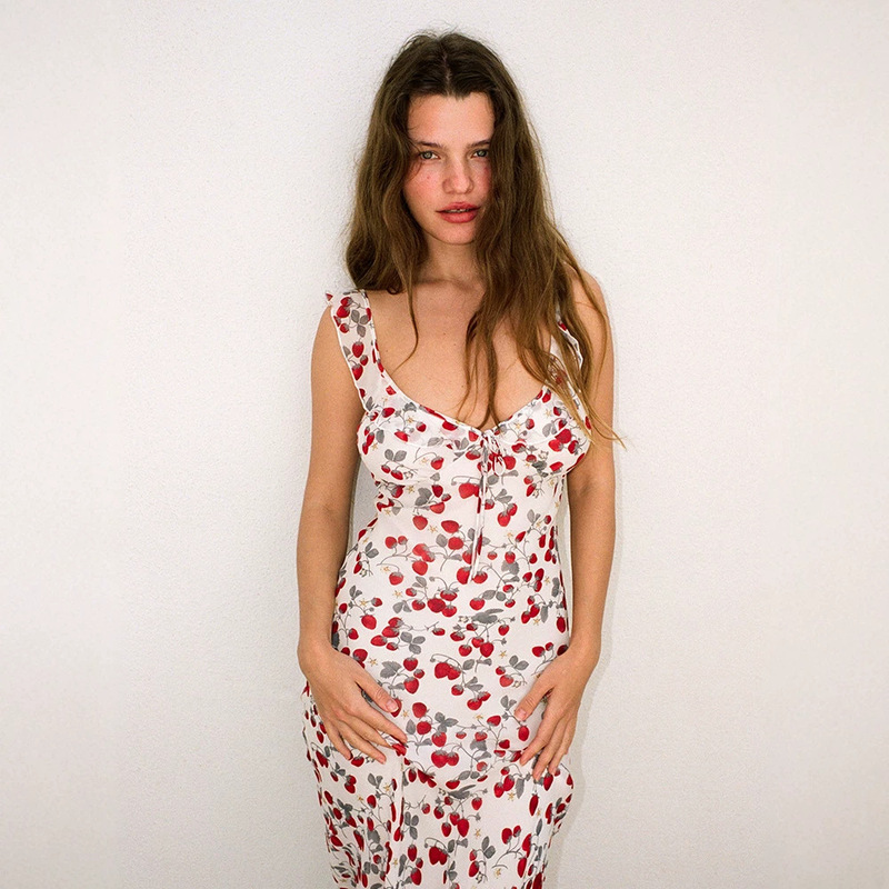 Summer French-Style Romantic Silk Dress 2026 New Model Strawberry Slim Fit Ruffle Strap Dress Long and Short Styles