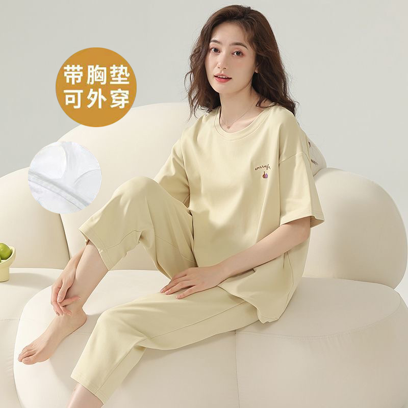 Pajamas with Chest Pad Women's Summer Pure Cotton Cardigan Short-sleeved Capri Pants Sweet Thin Casual plus size Home Clothes suit