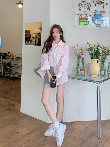 Embroidered Stripe Shirt Jacket for Women | Summer Sun-Protective Casual Top | Loose-Fit Mid-Length Cardigan | Versatile, Lightweight Top