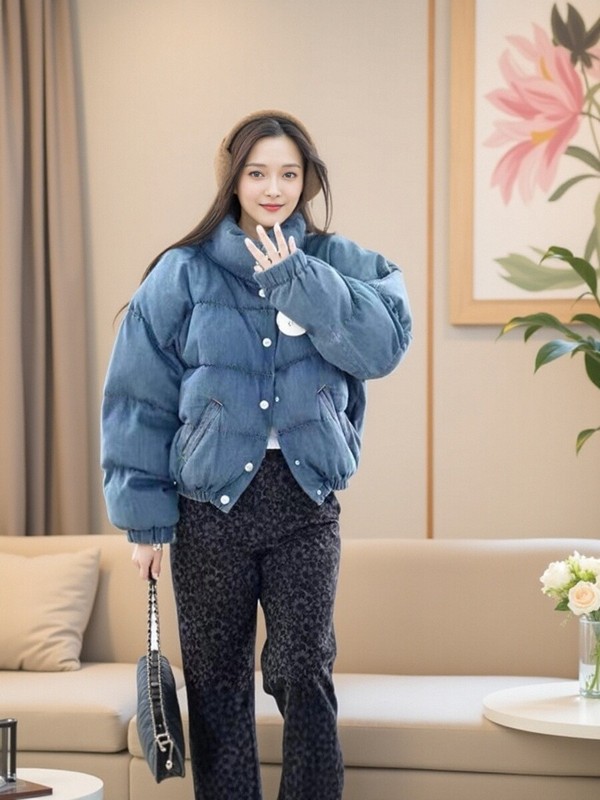 现货金珍妮同款牛仔蓝色棉服女25冬季小个子短款立领外套棉衣棉袄|undefined