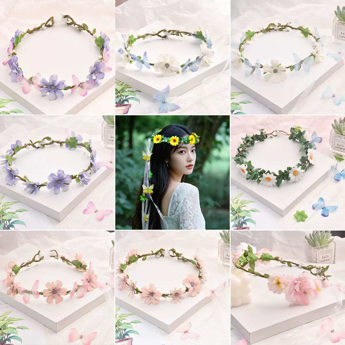 新款跨境森系少女花环头花旅游休闲拍照新娘结婚配饰花朵蝴蝶漂带