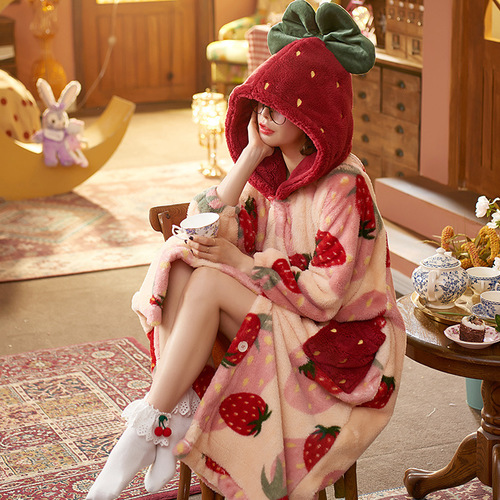 Ladies Flannel Robe for Autumn/Winter with Thick Open Vest Hooded Long Robe Cute Strawberry Outerwear Wholesale