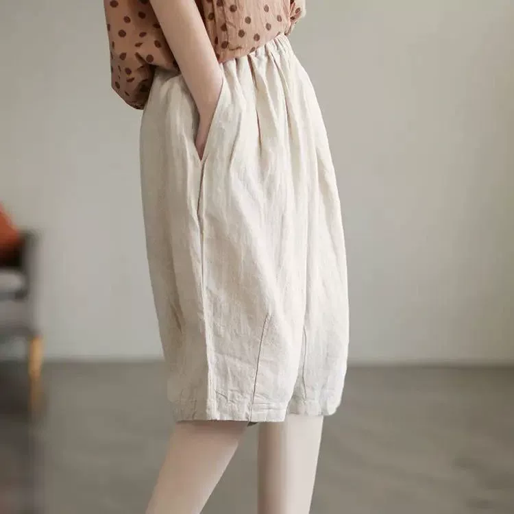 Retro trousers, (Physicals), cotton and linen, elastic waist, plus size