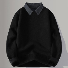 毛衫秋冬季假两件毛衣男士衬衫领线衣加绒加厚保暖上衣内搭针织衫