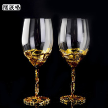 创意欧式古典珐琅彩玻璃高脚杯金底色透明红酒杯食品级电镀