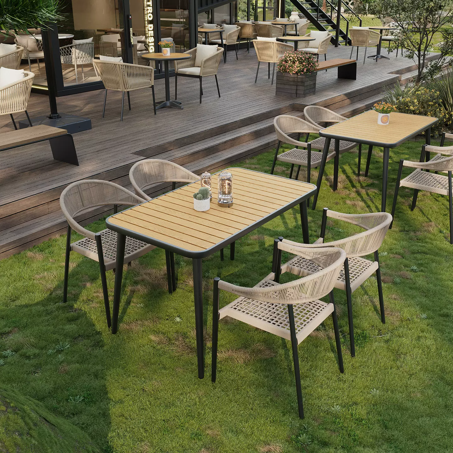 网红酒店民宿休息区休闲桌椅套装甜品店奶茶店咖啡厅编藤桌椅户外