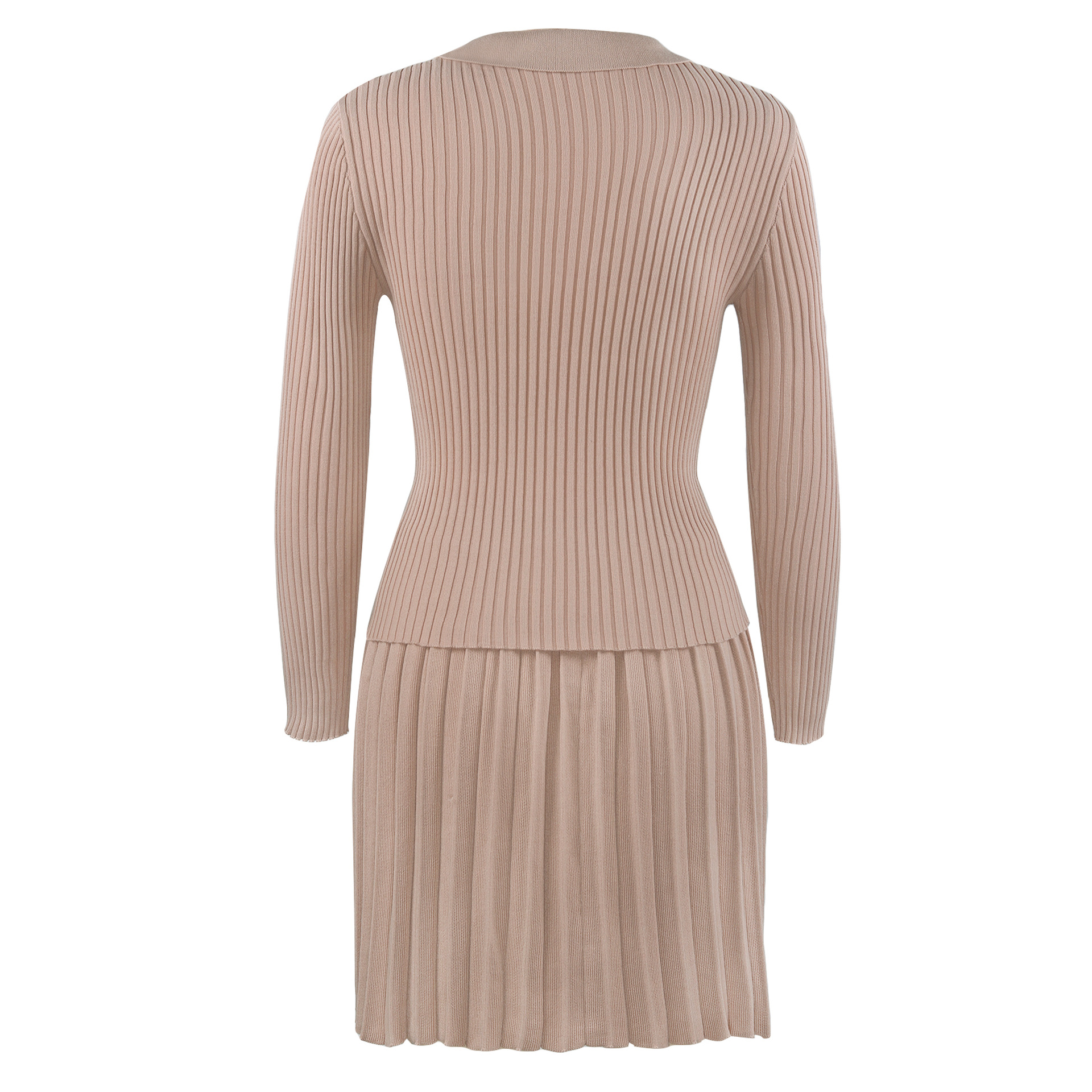 Knitted Solid Color Long-Sleeved Top Pleated Skirt 2 Piece Set NSHML85487