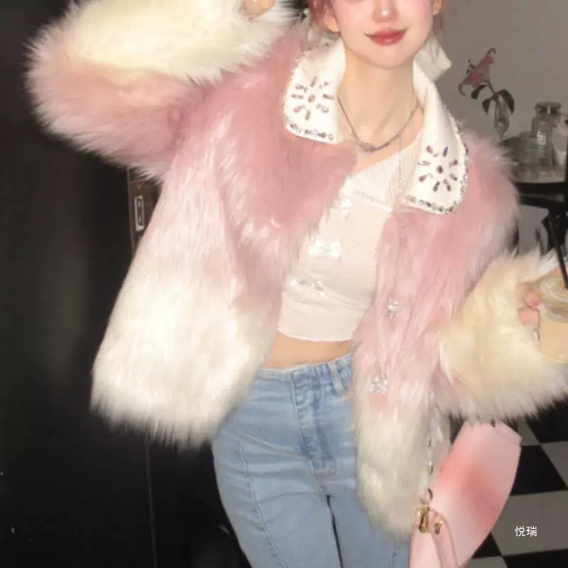 Куртка "Fur-in-one" (мех в одну), осенний сенсорный дизайн, алмазный лацкан, популярная кожаная пряжа/партия волос розовая в этом году