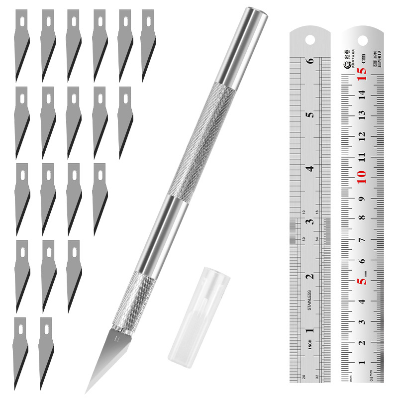 Juego de herramientas de tallado transfronterizo: cuchillo y regla de acero, cuchillo para manualidades con kit de cuchillas, regla de acero inoxidable de 15 cm para uso en bricolaje.