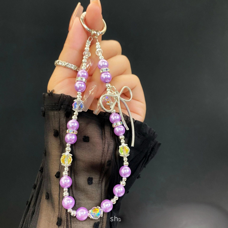 화이트 비즈 퍼플 펄 보우 크리스탈 비즈 팔찌