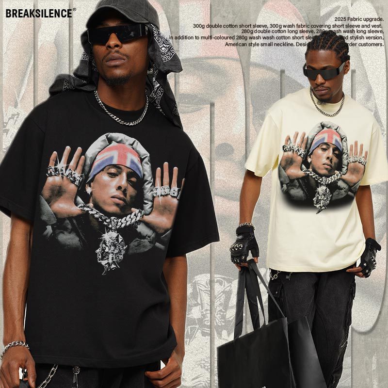 Cross-border 2025 Spring and Summer Central Cee American T-shirt Breathable Printed Heavy Short-sleeved Men's Cotton Round Neck Top