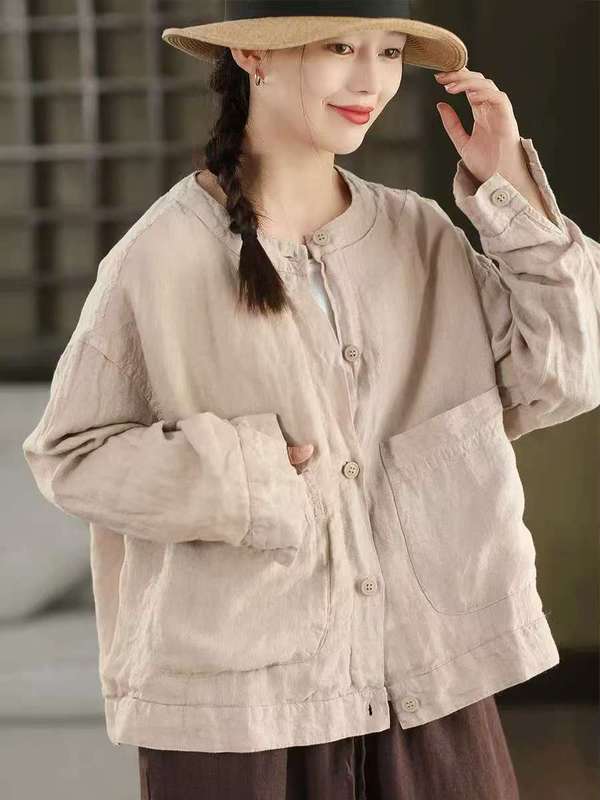 古咖服饰202秋复古砂洗亚麻外套女单排扣长袖加里衬开衫宽松上衣|undefined