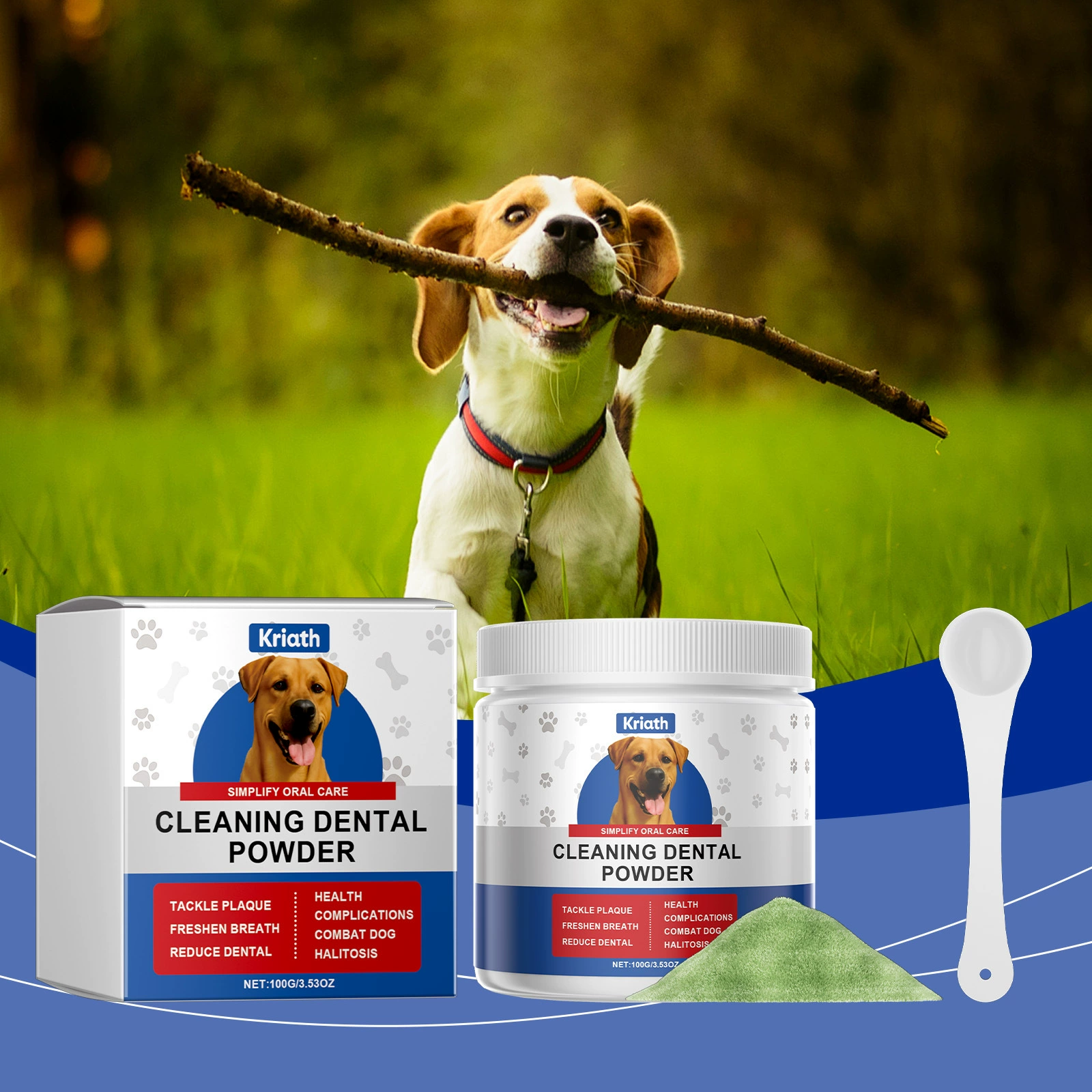 Kriath Порошок для чистки зубов собак Нежное очищение Уход за зубами собак Гигиена полости рта Свежий и чистый зубной порошок для домашних животных