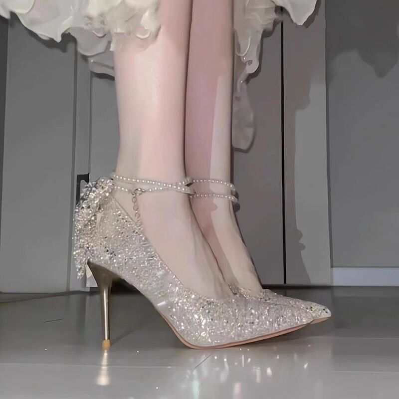 High Heels Wedding Dress Women's Stiletto Heels 2025 New 18-Year-Old Coming-Of-Age Ceremony Sequined Crystal Shoes Main Gauze Wedding Shoes Bridal Shoes