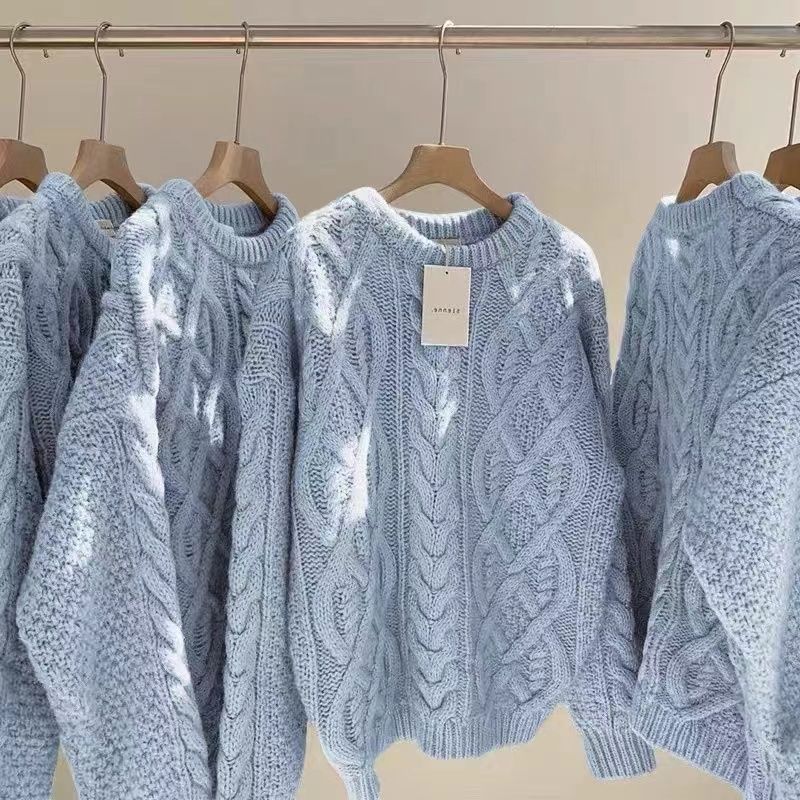 A3I Blue Cable Knit Sweater for Women, Thickened for Outerwear, Loose Fit for Autumn and Winter, 2025 Fashionable and Stylish Lazy Style