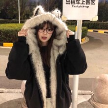 黑色羽绒棉服男女2025冬季新款座山雕猫耳朵连帽棉袄加厚棉衣外套