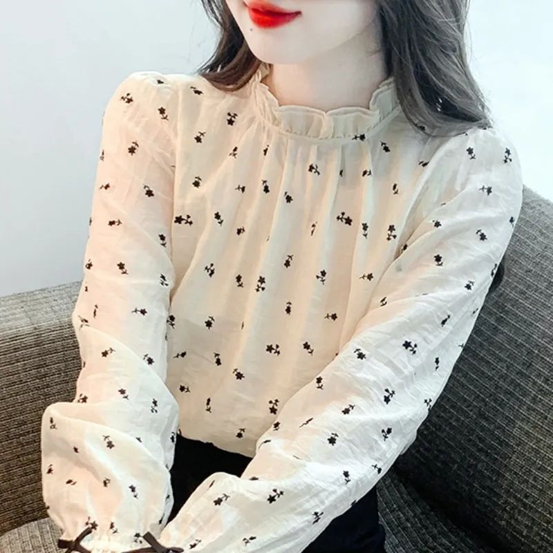Spring New Style Half-High Collar French-Style Loose Slimming Floral Print Base Shirt Women's Versatile Long-Sleeve Top Spring New Style Half-High Collar French-Style Loose Slimming Floral Print Base Shirt Women's Versatile Long-Sleeve Top