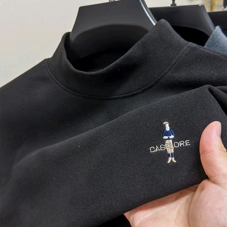 남성과 청소년을위한 양면 벨벳 세미 하이 칼라베이스 셔츠 따뜻한 내가을 옷 중간 칼라 두꺼운 남자의 긴 소매 티셔츠