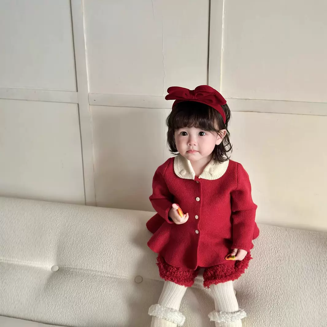 秋冬 女婴童圣诞撞色翻领毛衣套装新年服A摆上衣＋毛毛短裤2件套