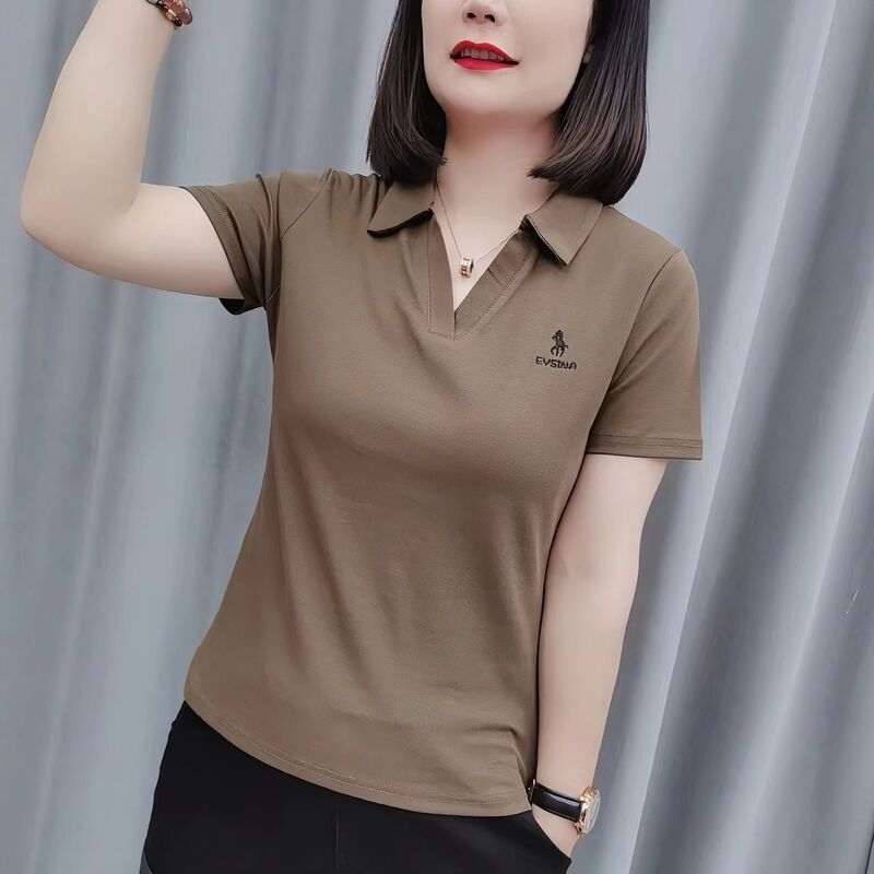 Summer New Short-sleeved T-shirt Women's Lapel Large Size Loose Casual Middle-aged Mom Polo Shirt Solid Color Sports Top