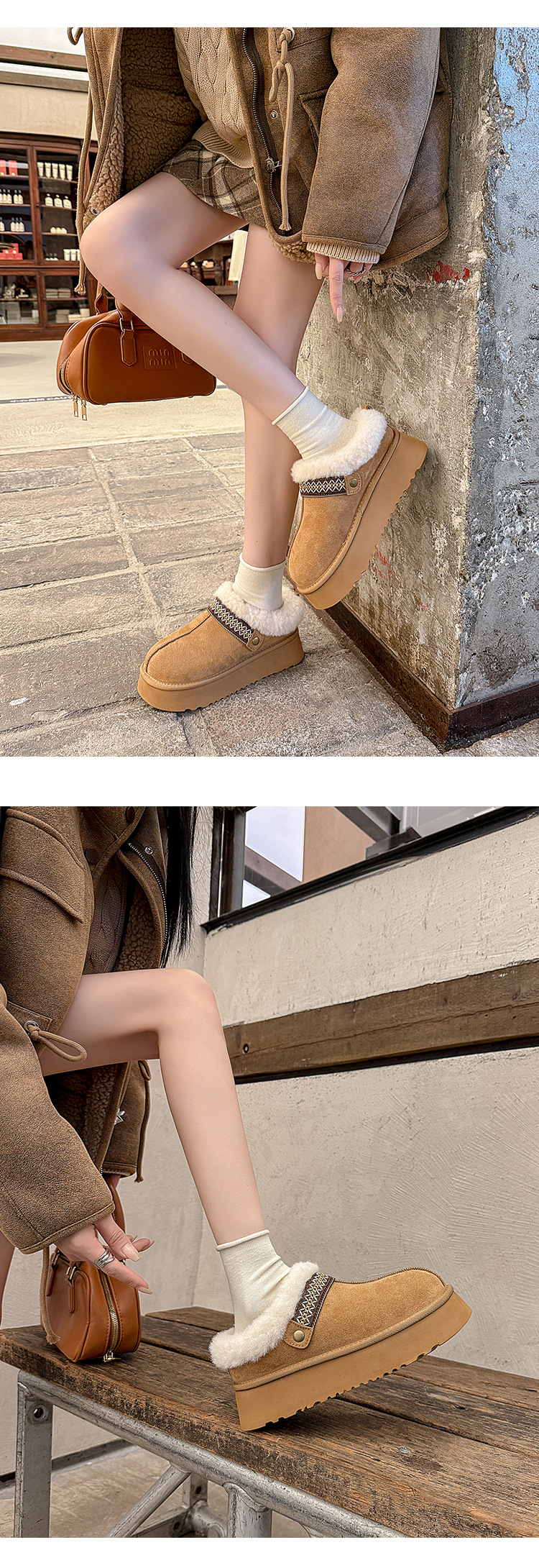 Giày bốt tuyết đế dày nữ mũi tròn lót lông cừu ấm áp kiểu dép nửa Birkenstock — con lạc đà chi tiết 19