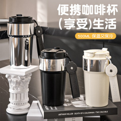 ポータブル二重飲み口コーヒーカップ、ビジネス用ロープ付き二重飲み口カップ、316ステンレス鋼内側スプレーコーティング断熱真空軽量カップ