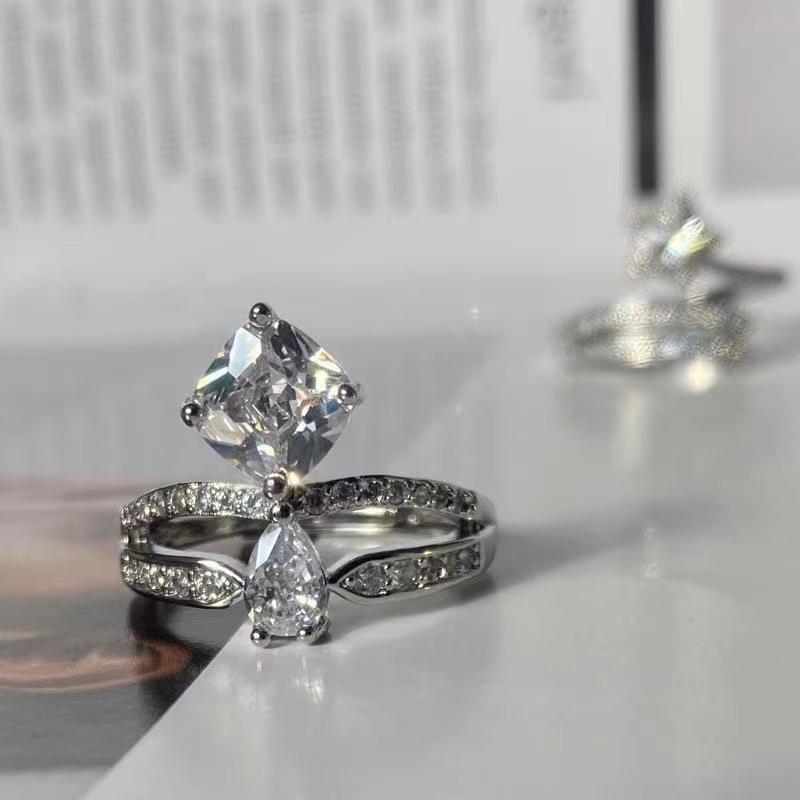 New Crown Double Layer Stacked Princess High Carbon Diamond Adjustable For Women Light Luxury Exquisite Square Ring_voghion.com