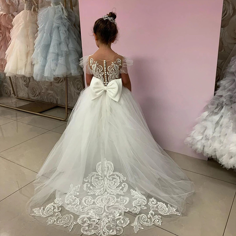 Comercio exterior flor niña princesa vestido niñas pettiskirt vestido de noche trailing piano rendimiento vestido de novia vestido largo