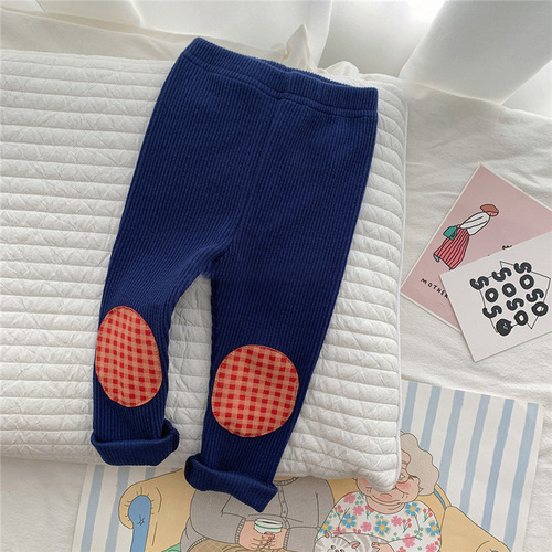  Spring and Autumn Korean Version Infants and Toddlers Ribbed Leggings with Pits and Checkered Cotton Baby Cute Pants