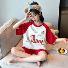 批发儿童家居服夏季拼色短袖套装女童甜美纯棉卡通睡衣外穿两件套