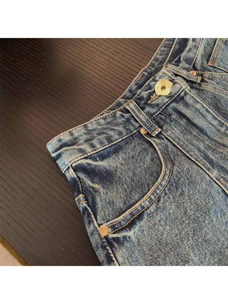 Quần short jean nữ ống lượn sóng phong cách cổ điển Mỹ FL231457 — Màu xanh lam