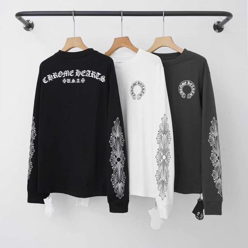 2026 New CH Chrome Cross Horseshoe Sanskrit Letter Floral Arm Print Unisex Long Sleeve T-Shirt