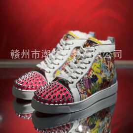 cl andgz拼色动物园印花银钉高帮红底鞋男鞋铆钉情侣休闲板鞋女鞋