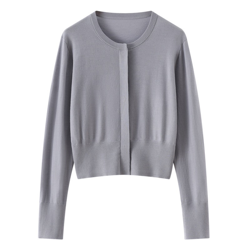 Ultra-Fine German Yangtze Yarn Worsted 100% Merino Wool Cardigan Women's Hidden Button Round Neck Thin Knitted Jacket